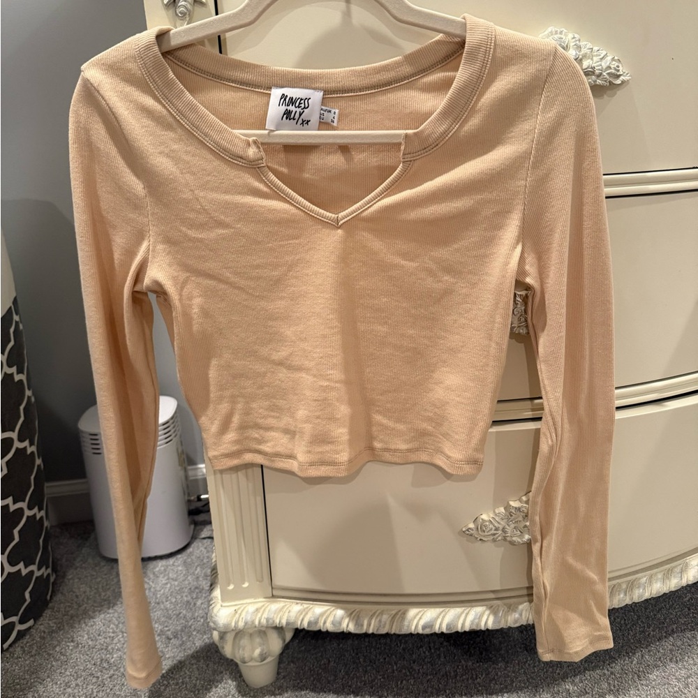 Princess Polly Cream Long Sleeve Crop Top
